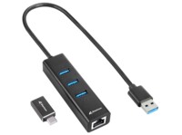 Shark 3-Port USB 3.2 Gen 1 Alu Hub + RJ45 Ethernet Adapter bk
