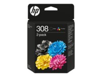 HP 308 2-Pack Tri-color/Black Original Combo Sort, Cyan, Magenta, Gul
