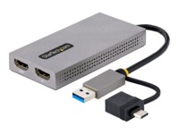 StarTech.com USB to Dual HDMI Adapter, USB A/C to 2x HDMI Monitors (1x 4K 30Hz, 1x 1080p), Integrated USB-A to C Dongle, 4in/11cm Cable, Windows & macOS - USB 3.0 to HDMI Multi-Monitor Display Adapter for Laptop (107B-USB-HDMI) Videoadapter Grå