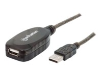 Manhattan USB-A to USB-A Extension Cable, 10m, Male to Female, Active, 480 Mbps (USB 2.0), Daisy-Chainable, Built In Repeater, Hi-Speed USB, Black, Three Year Warranty, Blister USB forlængerkabel 10m Sort