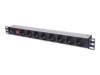 Intellinet 19' 1U Rackmount 8-Way Power Strip - German Type, With On/Off and Overload Protection, 3m Power Cord (Euro 2-pin plug) Stikdåse 8-stik 16A Sort 3m