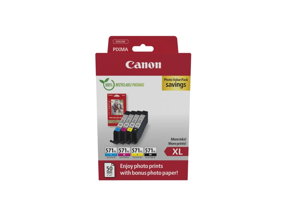 Canon CLI 571 XL C/M/Y/BK Photo Value Pack Sort Gul Cyan Magenta Blækbeholder / papirsæt