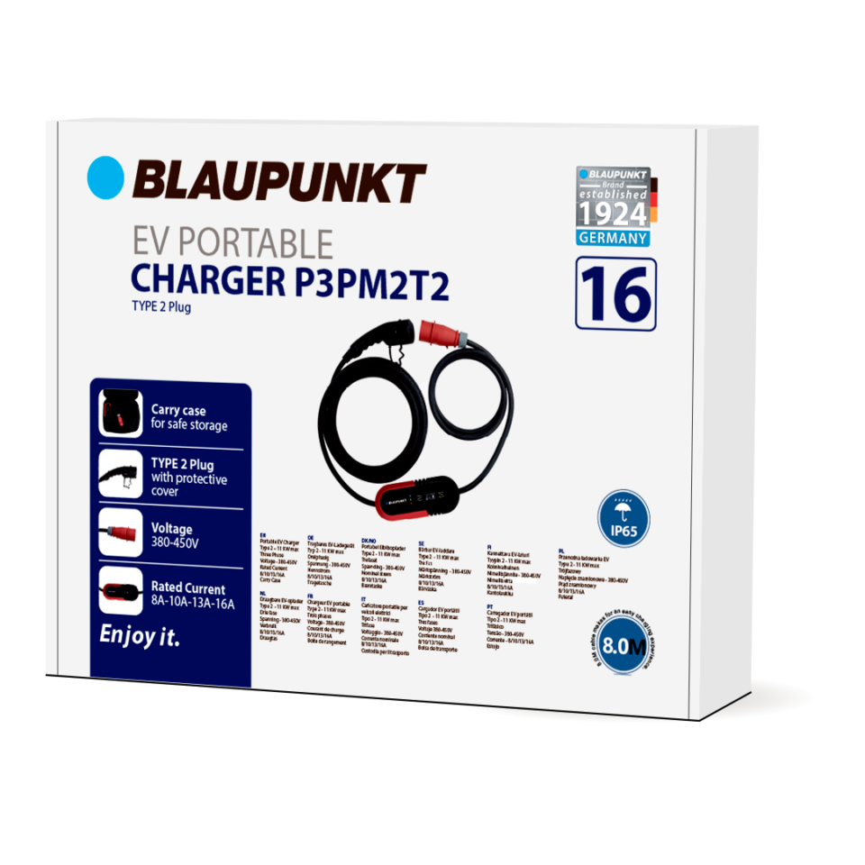 Blaupunkt Tragb. Ladegerät E-Auto 8 Meter/3 Phasen/Typ2/CEE Stecker