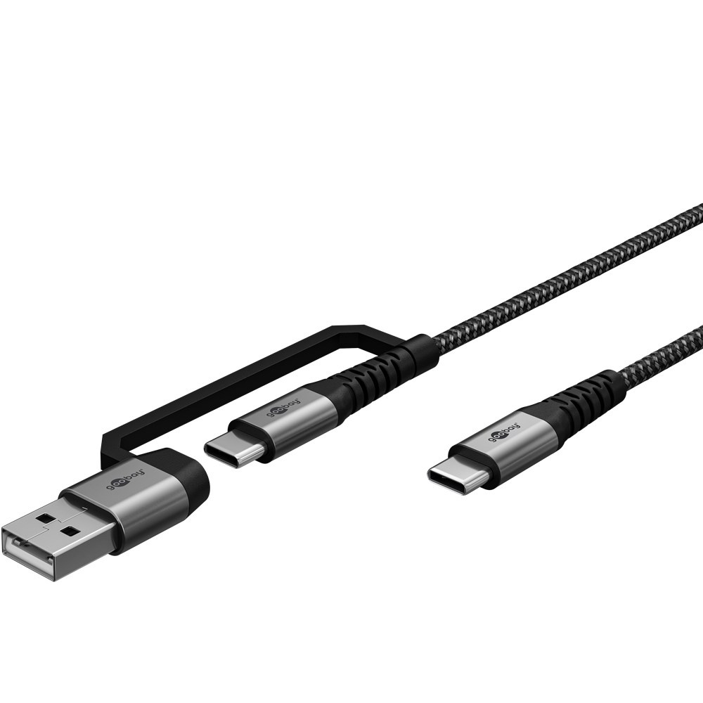 2in1 USB Textile Cable, Space Grey/Silver, 3 m, 3 m, black, grey