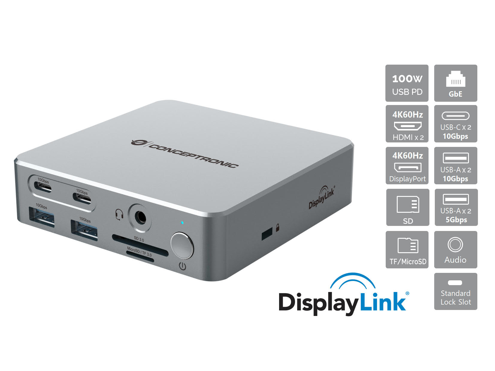 CONCEPTRONIC Dock USB-C->2xHDMI,2xUSB-C,4xUSB-A,DP,GbE LAN
