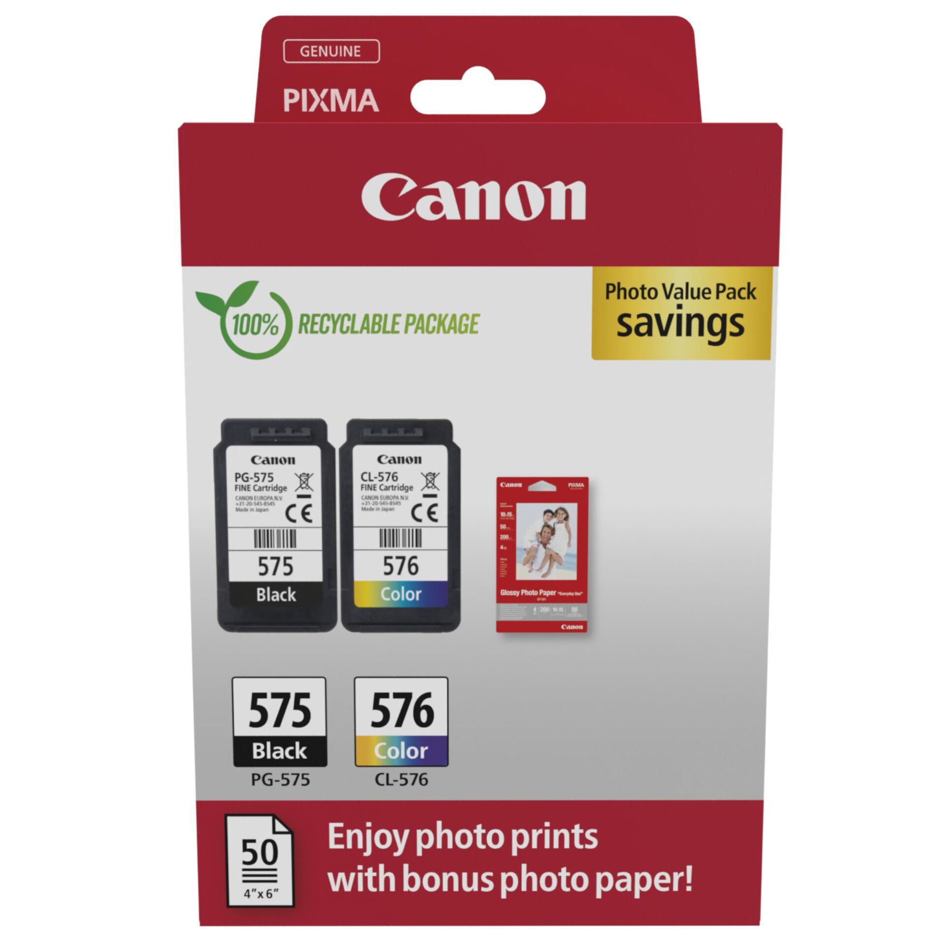 Canon PG-575/CL-576 Photo Paper Value Pack Sort Farve (cyan, magenta, gul) Blækpatron/papirsæt