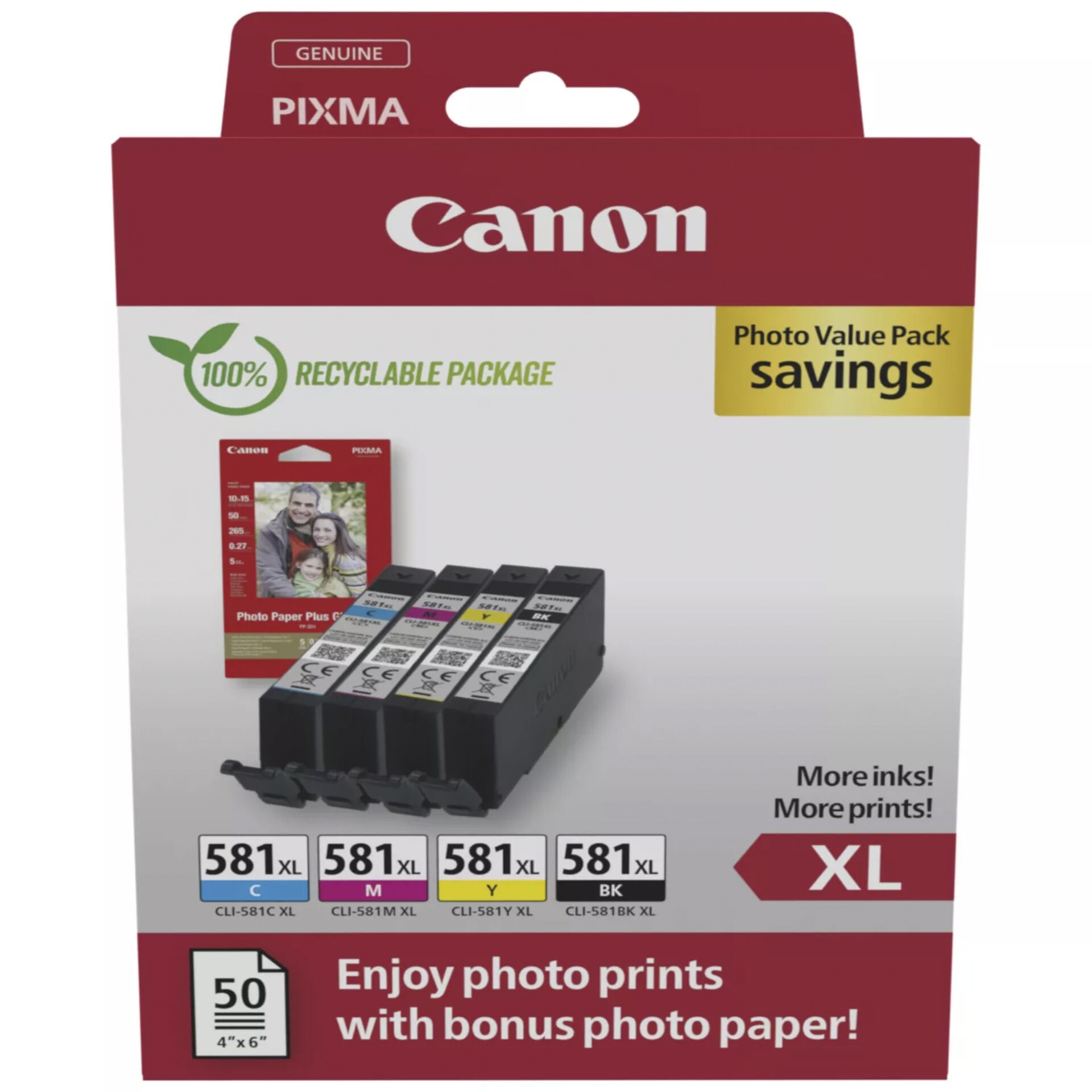 Canon CLI 581XL C/M/Y/BK Photo Value Pack Sort Gul Cyan Magenta Blækbeholder / papirsæt