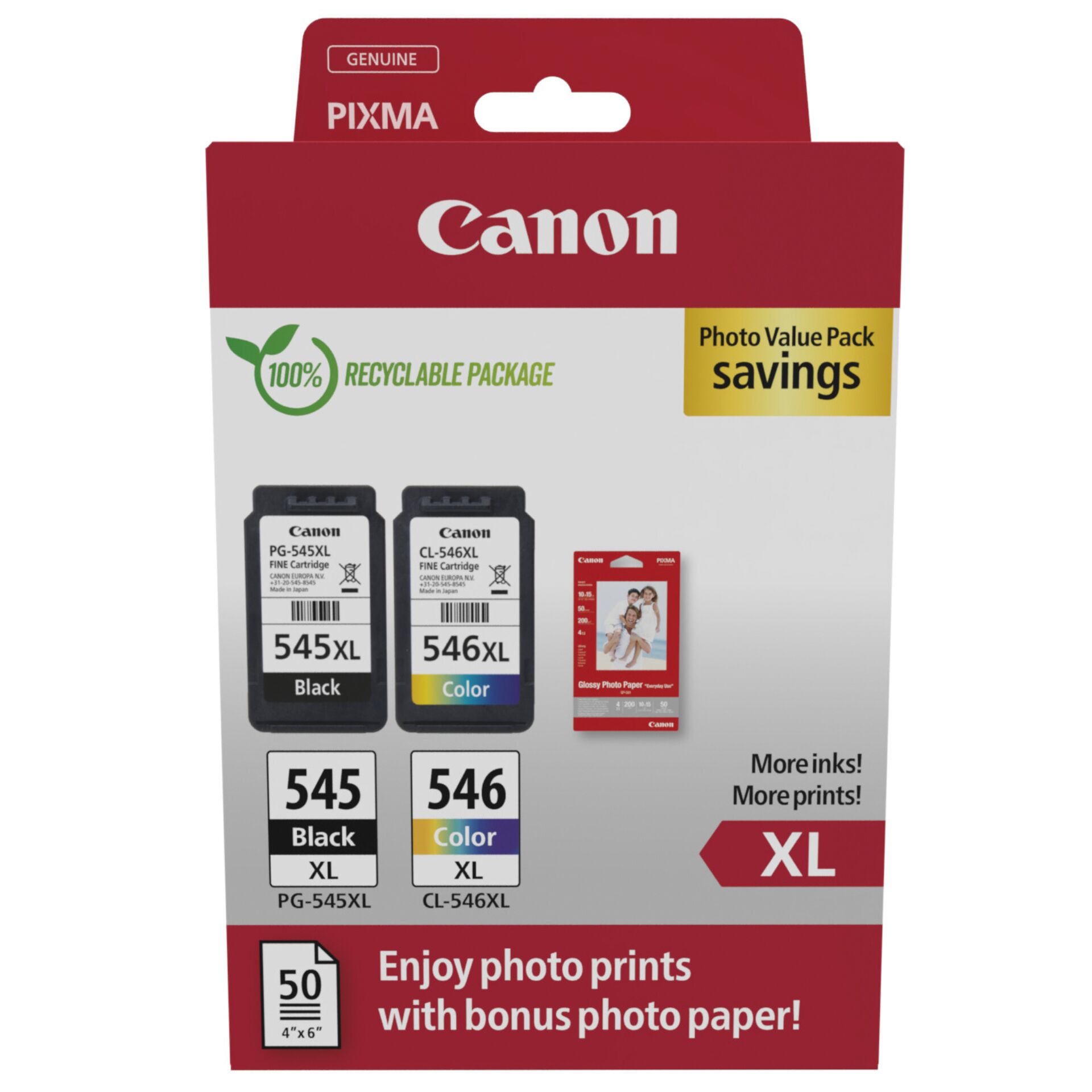 Canon PG-545XL/CL-546XL Photo Paper Value Pack Sort Farve (cyan, magenta, gul) Blækpatron/papirsæt